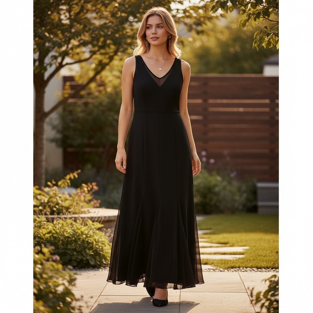 CDC Evenings Black V-Neck Mesh Inset Godet Pleat Maxi Dress Size 10